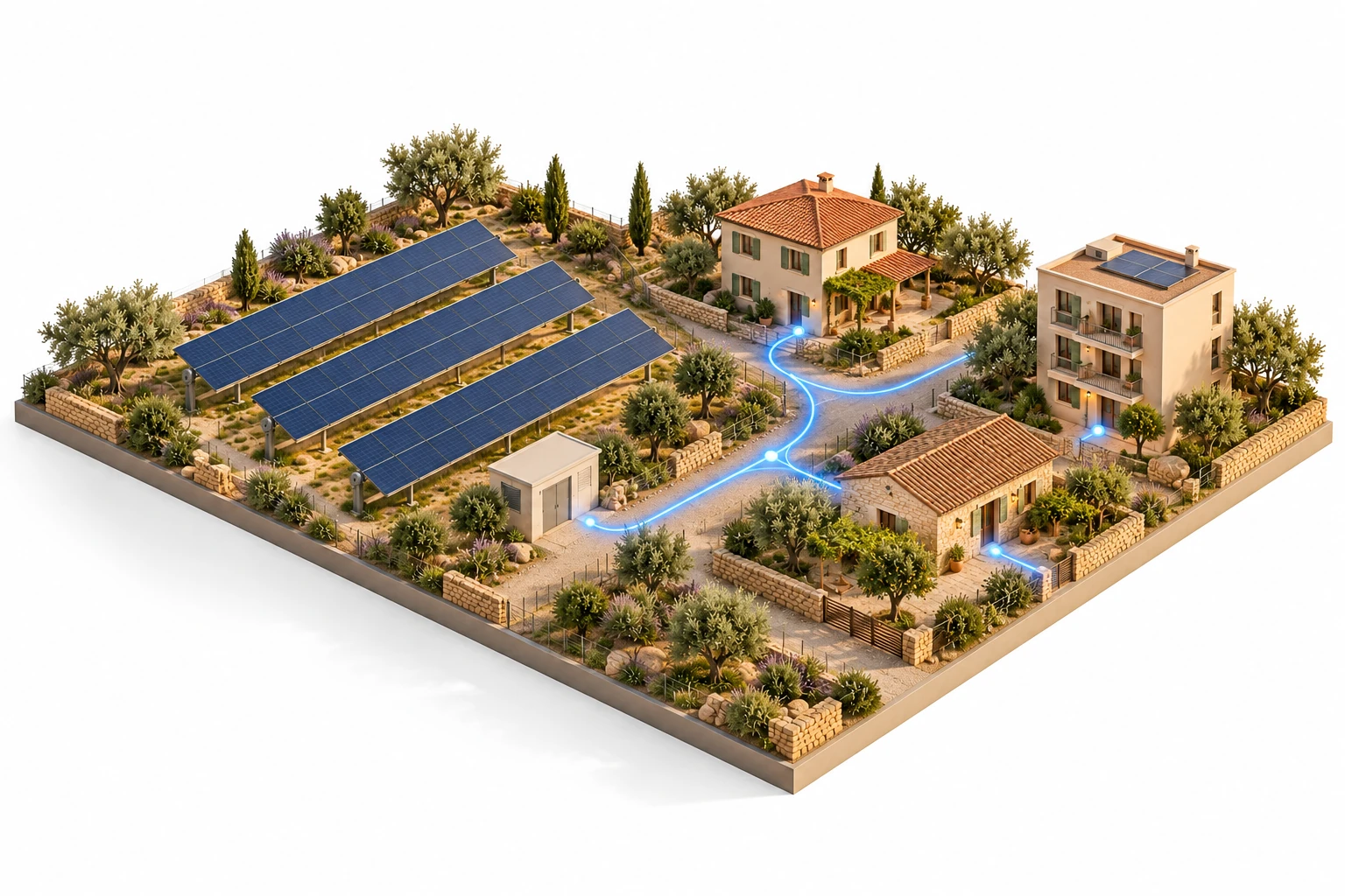 Impianto fotovoltaico e abitazioni, con un accento blu che rappresenta la condivisione dell’energia in una CER