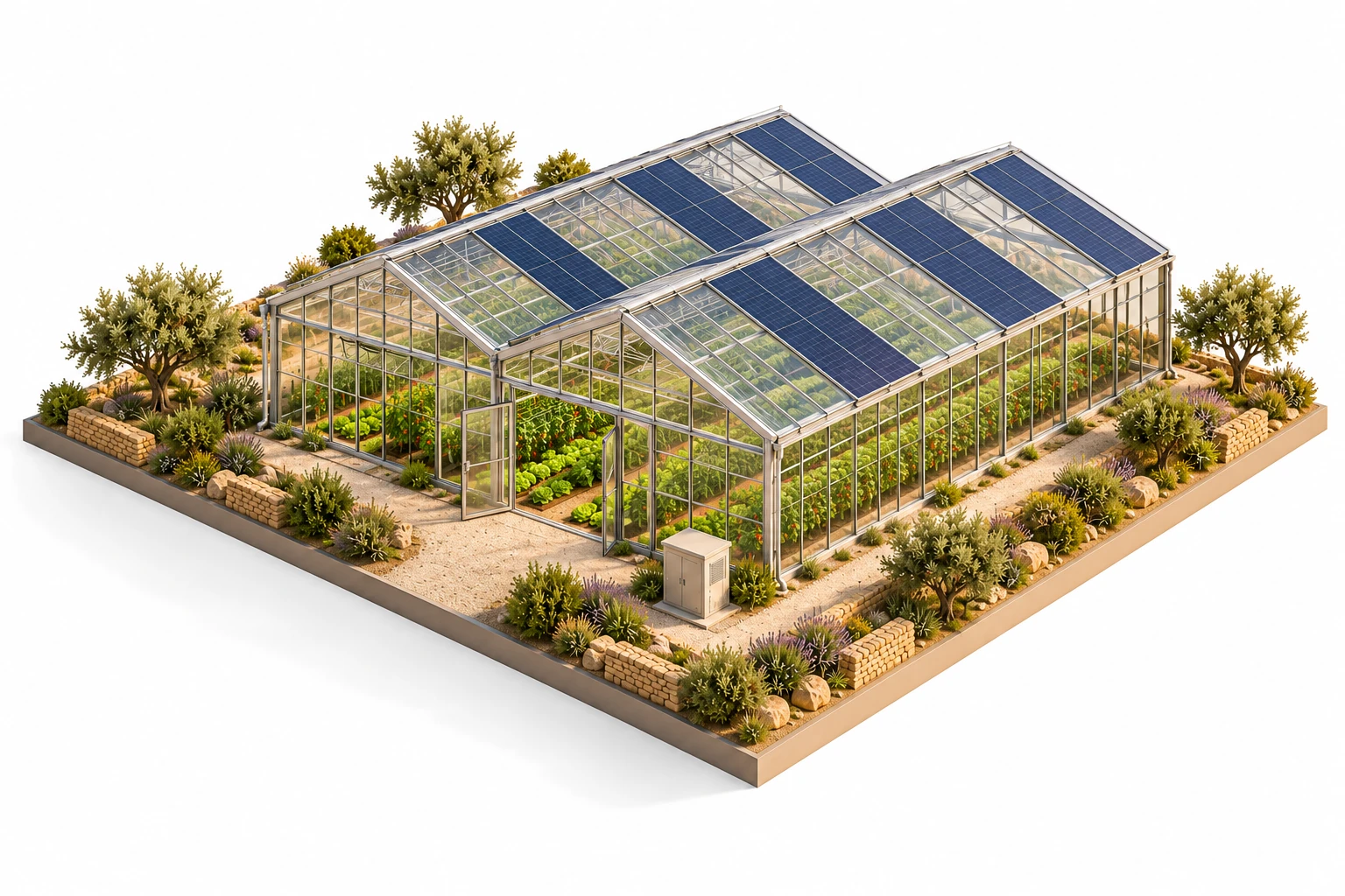 Serra agricola con coltivazioni visibili e moduli fotovoltaici integrati nella copertura