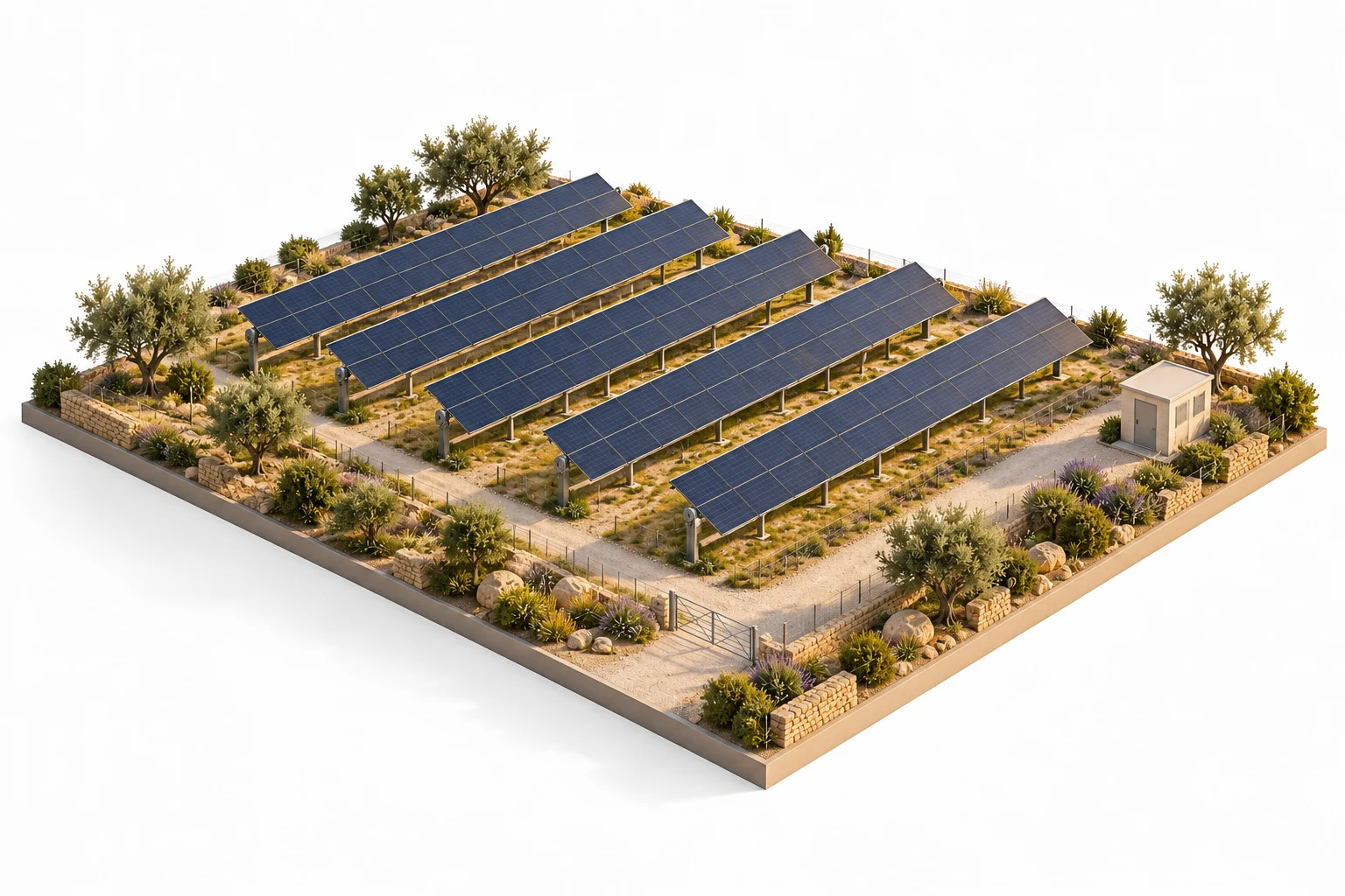 Illustrazione di un impianto fotovoltaico a terra con tracker